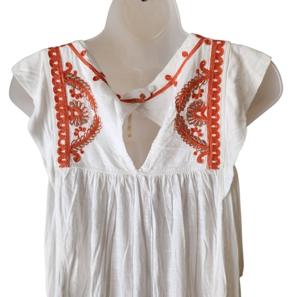 Free People Embroidered Boho Top Women's Large White Orange Tunic Blouse - Picture 5 of 12